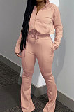 Apricot Casual Solid Color Long Sleeve Zipper Loose Coat Mid Waist Flare Pants Sports Sets WA7115-2