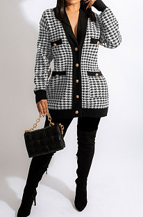 White Fashion Plaid Printing Long Sleeve V Neck Single-Breasted Cardigan Coat SM9212-3