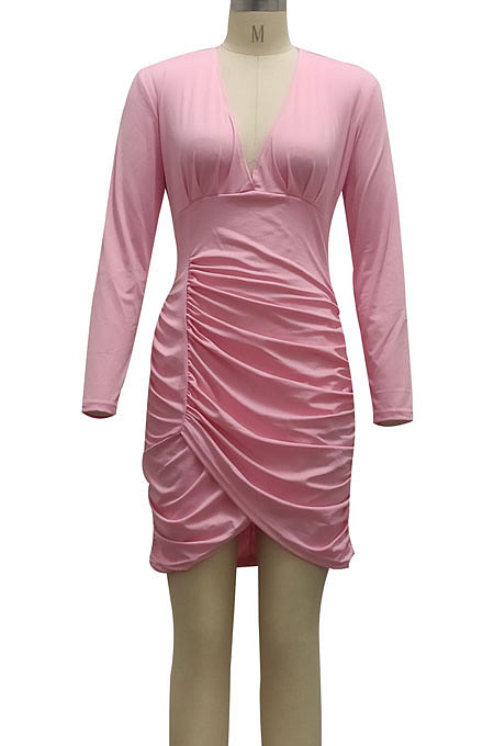 Wine Red Night Club Sexy Long Sleeve V Neck Collect Waist Slim Fitting Ruffle Hip Dress SMR10155-4