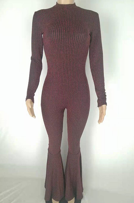Grey Black Fashion Stripe Bright Side Long Sleeve O Neck Collect  Waist Plain Color Flare Jumpsuits CL6039-2