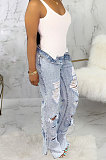 SUPER WHOLESALE|Black Personality Hole Autumn Jean Straight Leg Pants SMR2062-1