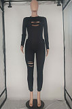 Black Wholesale Women's Long Sleeve O Neck Hole Slim Fitting Lock Seam Bodycon Jumpsuits SDE29132-2