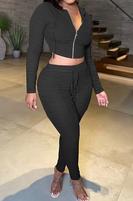 Black Women Fashion Pure Color Ribber Ruffle Zipper Hooded Casual Pants Sets AMN8032-1