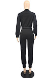 Black Simple Women's Long Sleeve Zip Front Coat Trousers Solid Color Sports Sets MTY6609-1