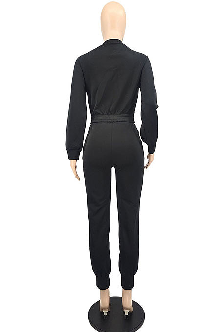 Black Simple Women's Long Sleeve Zip Front Coat Trousers Solid Color Sports Sets MTY6609-1