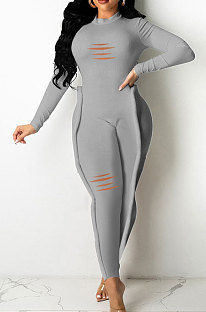 Grey Wholesale Women's Long Sleeve O Neck Hole Slim Fitting Lock Seam Bodycon Jumpsuits SDE29132-4