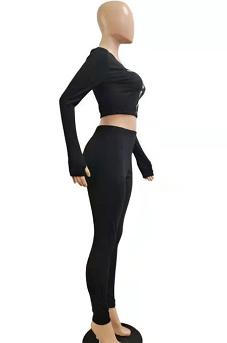 Black Woemn Solid Color Long Sleeve Printing Tight Pants Sets AMN8031-1