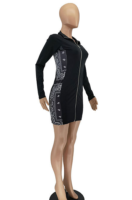 Blue Women Long Sleeve Zipper Trendy Paisley Printing Mid Waist Mini Dress AA5282-3