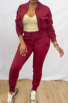 Wine Red Simple Women's Long Sleeve Zip Front Coat Trousers Solid Color Sports Sets MTY6609-3