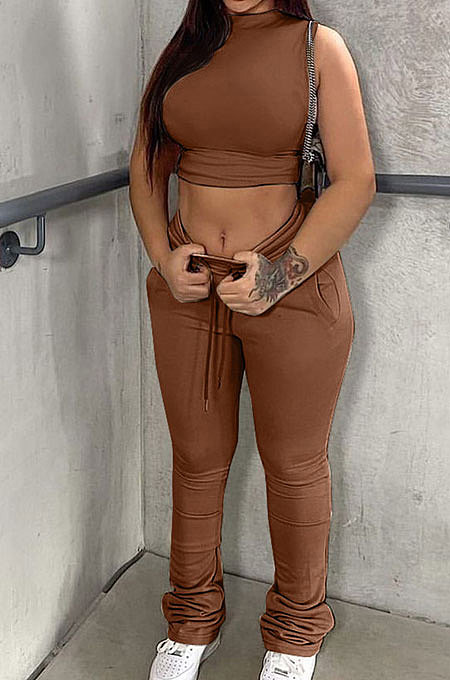 Dark Brown Cottton Blend Sleeveless Crop Tips Ruffle Pants Solid Color Sets CL6107-4