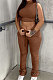 Dark Brown Cottton Blend Sleeveless Crop Tips Ruffle Pants Solid Color Sets CL6107-4