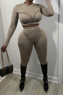 Khaki Women Fashion Bodycon Long Sleeve Round Collar Solid Color Pants Sets AA5284-2