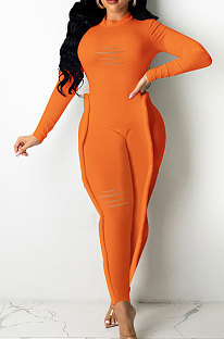 Orange Wholesale Women's Long Sleeve O Neck Hole Slim Fitting Lock Seam Bodycon Jumpsuits SDE29132-1
