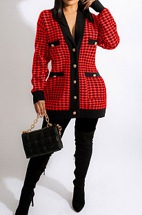 Red Fashion Plaid Printing Long Sleeve V Neck Single-Breasted Cardigan Coat SM9212-2
