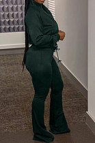 Dark Green Casual Solid Color Long Sleeve Zipper Loose Coat Mid Waist Flare Pants Sports Sets WA7115-3