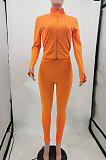 Black Simple Pure Color Long Sleeve Stand Neck Zipper Tops Pencil Pants  Sports Sets TK6202-3