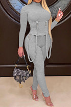 Gray Women Pure Color Long Sleeve Irregular Bodycon Pants ANK06030-1