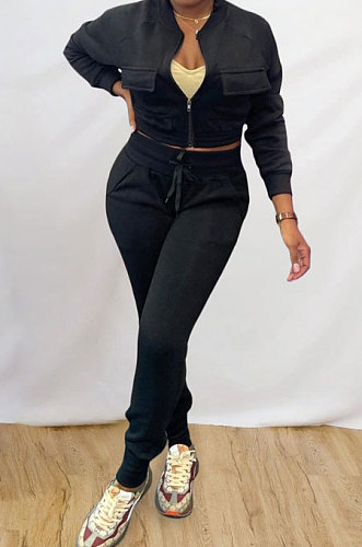 Black Simple Women's Long Sleeve Zip Front Coat Trousers Solid Color Sports Sets MTY6609-1