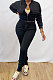 Black Simple Women's Long Sleeve Zip Front Coat Trousers Solid Color Sports Sets MTY6609-1