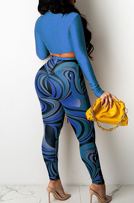 Peacock Blue Sexy Club Long Sleeve Low-Cut  Bandage Crop Tops Printing Skinny Pants Sets S66317-1