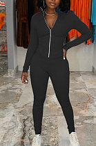 Black Simple Pure Color Long Sleeve Stand Neck Zipper Tops Pencil Pants  Sports Sets TK6202-3