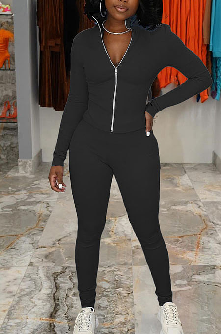 Black Simple Pure Color Long Sleeve Stand Neck Zipper Tops Pencil Pants  Sports Sets TK6202-3