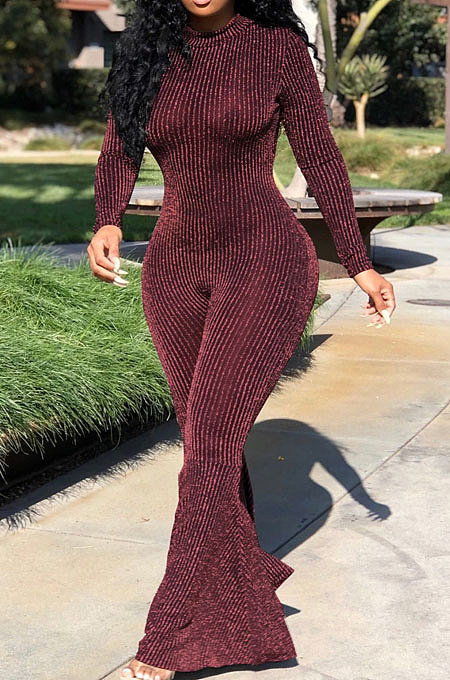 Golden Fashion Stripe Bright Side Long Sleeve O Neck Collect  Waist Plain Color Flare Jumpsuits CL6039-1