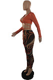 Coffee Sexy Club Long Sleeve Low-Cut  Bandage Crop Tops Printing Skinny Pants Sets S66317-2