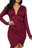 Red Night Club Sexy Long Sleeve V Neck Collect Waist Slim Fitting Ruffle Hip Dress SMR10155-1
