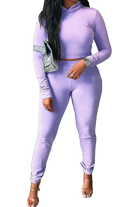 Gray Women Pure Color Long Sleeve Hoodede Tops Bodycon Pants Sets ANK06029-2