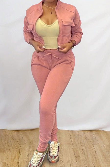Black Simple Women's Long Sleeve Zip Front Coat Trousers Solid Color Sports Sets MTY6609-1