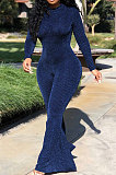 Golden Fashion Stripe Bright Side Long Sleeve O Neck Collect  Waist Plain Color Flare Jumpsuits CL6039-1