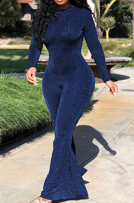 Golden Fashion Stripe Bright Side Long Sleeve O Neck Collect  Waist Plain Color Flare Jumpsuits CL6039-1