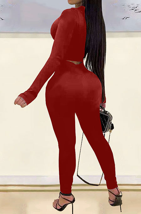 Black Woemn Solid Color Long Sleeve Printing Tight Pants Sets AMN8031-1