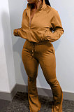 Apricot Casual Solid Color Long Sleeve Zipper Loose Coat Mid Waist Flare Pants Sports Sets WA7115-2