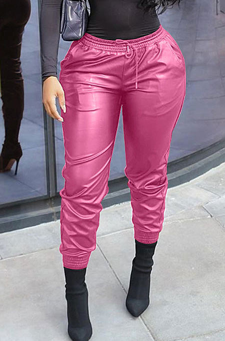 White New Pure Color Elasticband Leather Pants CL6100-1