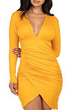 Pink Night Club Sexy Long Sleeve V Neck Collect Waist Slim Fitting Ruffle Hip Dress SMR10155-2