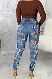 Blue Slim Fitting High Waist Hole Jean Pants SMR2508
