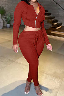 Wine Red Women Fashion Pure Color Ribber Ruffle Zipper Hooded Casual Pants Sets AMN8032-2