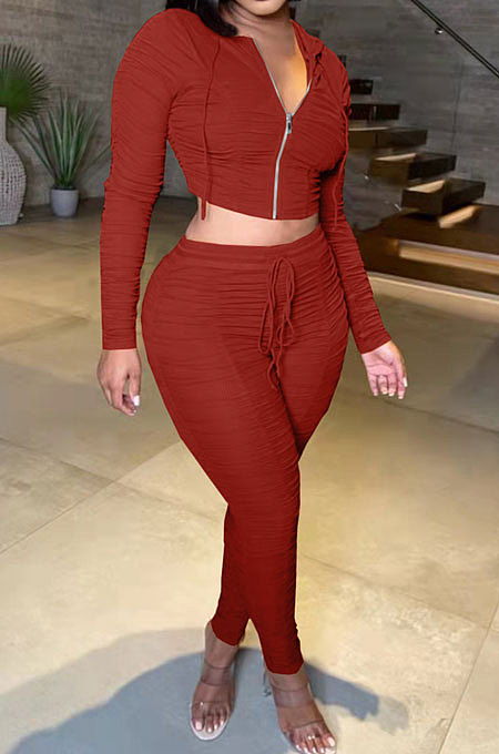 Wine Red Women Fashion Pure Color Ribber Ruffle Zipper Hooded Casual Pants Sets AMN8032-2