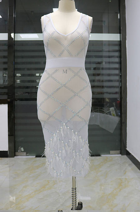 Black Women Mesh Spaghetti Hot Drilling Chicken Feather Perspectivity Sexy V Collar Sleeveless Mid Dress CCY8105-2