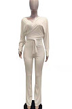 Red Fashion Pure Color Ribber Loose Bowknot Casual Pants Sets AMN8029-3