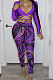 Purple Sexy Club Long Sleeve Low-Cut  Bandage Crop Tops Printing Skinny Pants Sets S66317-6