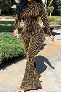 Golden Fashion Stripe Bright Side Long Sleeve O Neck Collect  Waist Plain Color Flare Jumpsuits CL6039-1