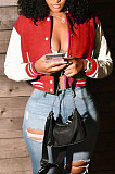Red Women Autumn Winter Fashion Snap Fastener Double Ribber Baseball Uniform Bodycon Jacket AA5273-4