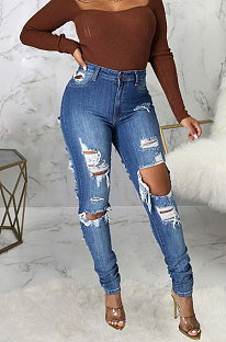 Blue Slim Fitting High Waist Hole Jean Pants SMR2508