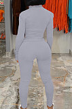 Ligth Blue Simple Pure Color Long Sleeve Stand Neck Zipper Tops Pencil Pants  Sports Sets TK6202-1