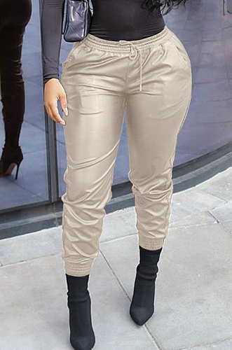 Wine Red New Pure Color Elasticband Leather Pants CL6100-5