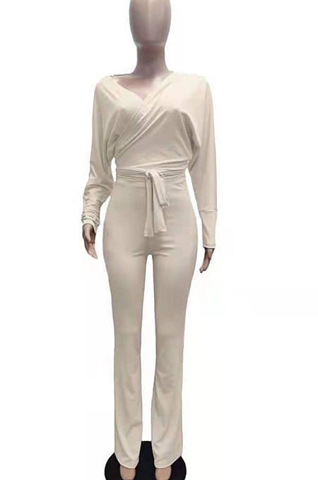 White Fashion Pure Color Ribber Loose Bowknot Casual Pants Sets AMN8029-1
