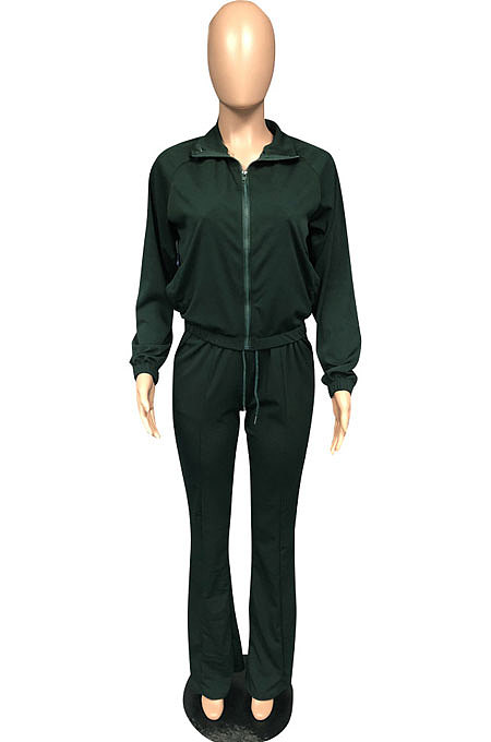 Apricot Casual Solid Color Long Sleeve Zipper Loose Coat Mid Waist Flare Pants Sports Sets WA7115-2